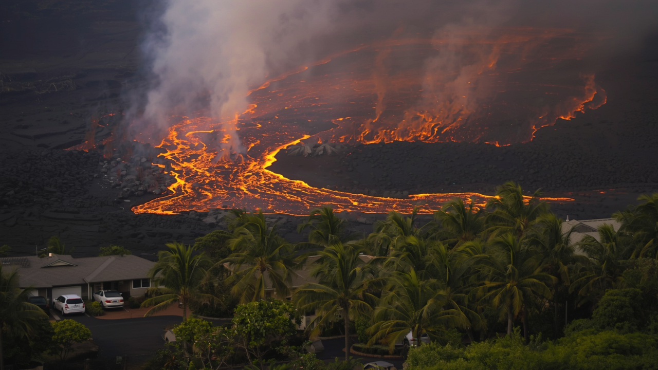 Hawaii Real Estate Illutration of Lava flow threatening residential area in Hawaii