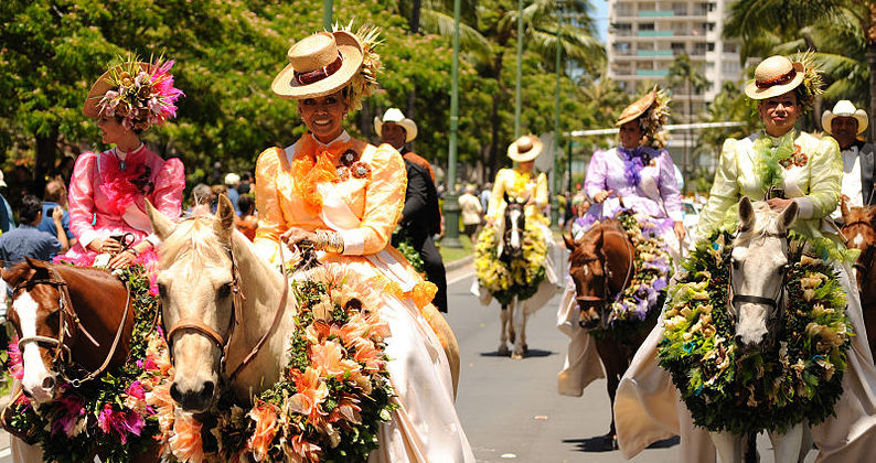 Traditional pa‘u riders in the King Kamehameha Day parade on Ali‘i Drive