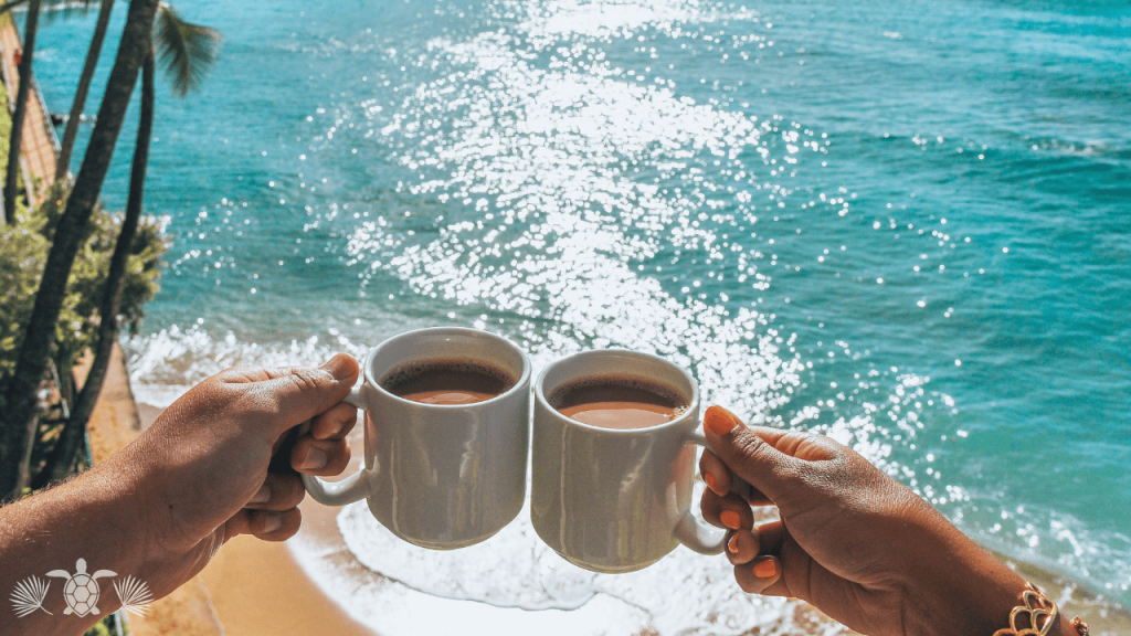 Couple retiring in Hawaii having coffee by a Kailua-Kona beach