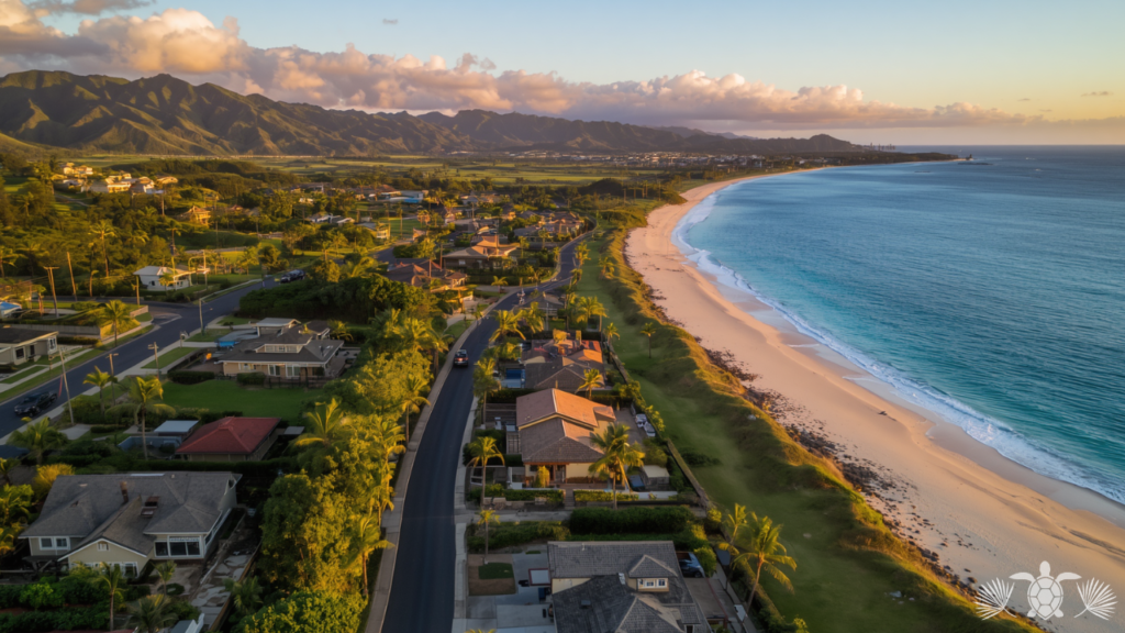 Aerial view of a coastal residential street running parallel to a sandy beach and turquoise ocean at sunset.