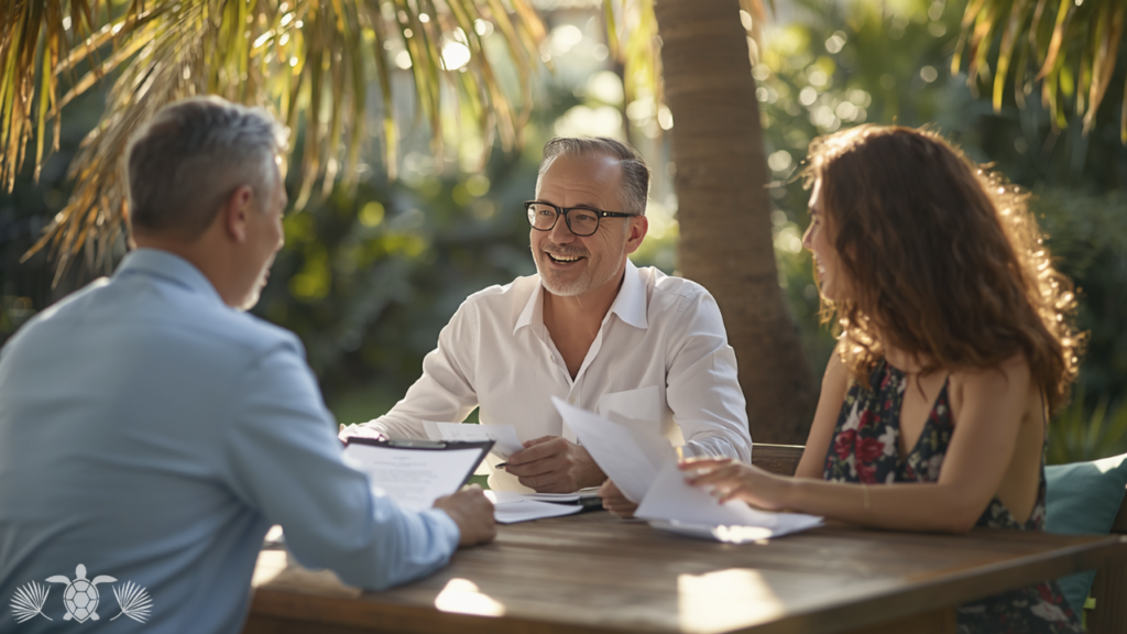 First-time homebuyer couple reviewing documents with real estate agent in Kailua-Kona Hawaii 2026