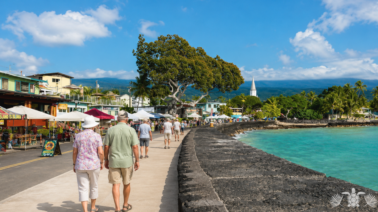 Kona Neighborhoods- Retiree couple walking along Alii Drive Kailua-Kona Hawaii popular retirement neighborhood 2026 - Big Island Real Estate - Kona Realtor, Soraya Letournel Kona Neighborhoods- Retiree couple walking along Alii Drive Kailua-Kona Hawaii popular retirement neighborhood 2026
